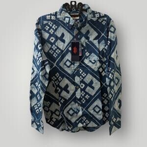 KRM Kyoto Batik Indigo Shirt Fits Small Blue Long Sleeve Button Up Cotton NWT